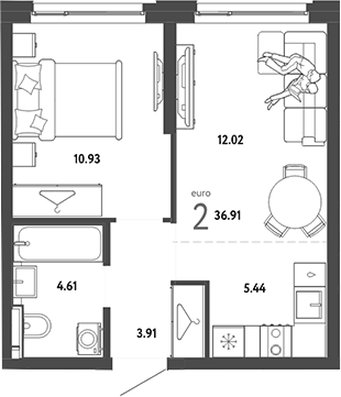 Планировка 2Е-к.кв, 36,91 м² в ЖК Страна.Энтузиастов